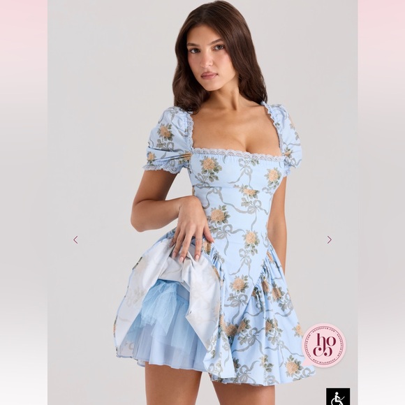 House of CB Blue Ruched Puff Sleeve Mini Dress - Picture 4 of 6